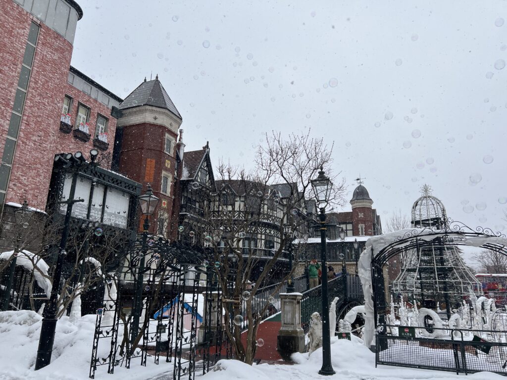 Snowy exterior of Shiroi Koibito Park in Sapporo, a popular sweets theme park in Hokkaido.