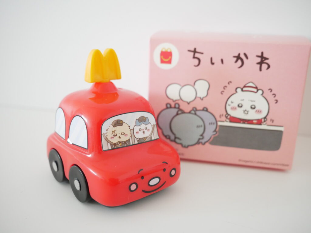 Rakko red car toy with tape measure and Chiikawa characters