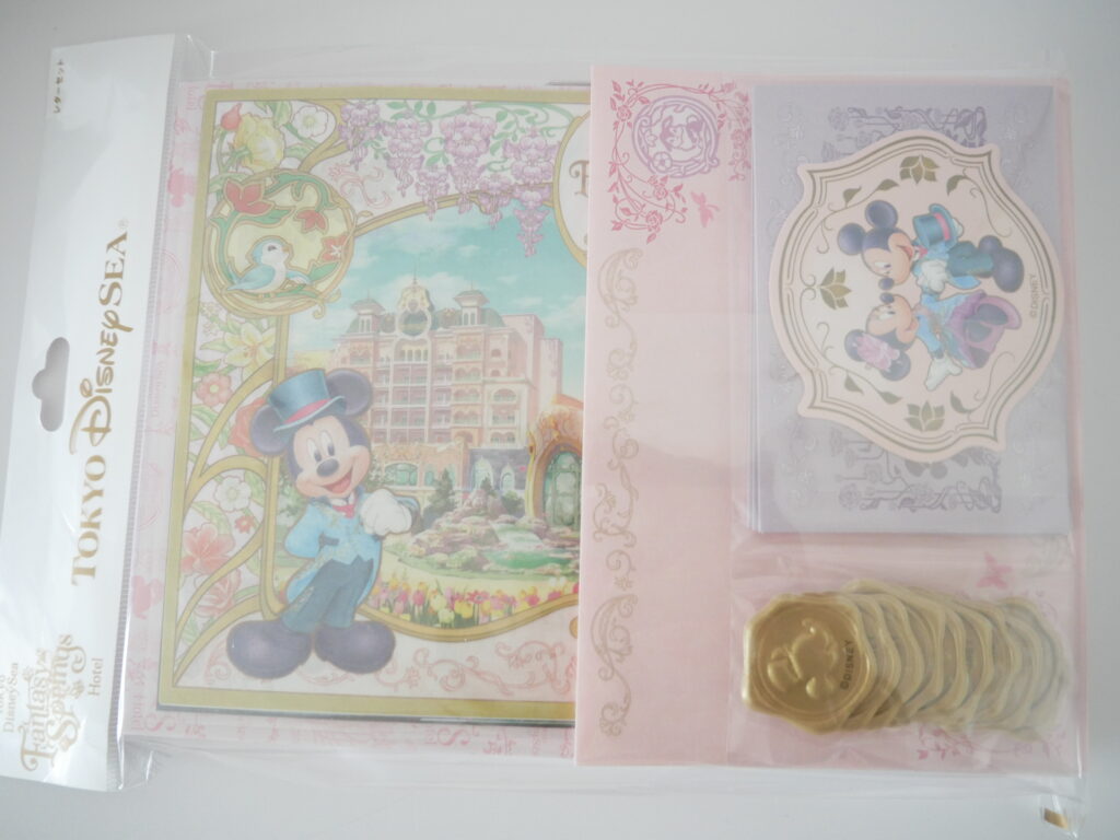  Exclusive Fantasy Springs Hotel letter set from Tokyo DisneySea, featuring Mickey and Minnie Mouse with decorative stationery and gold Disney seals