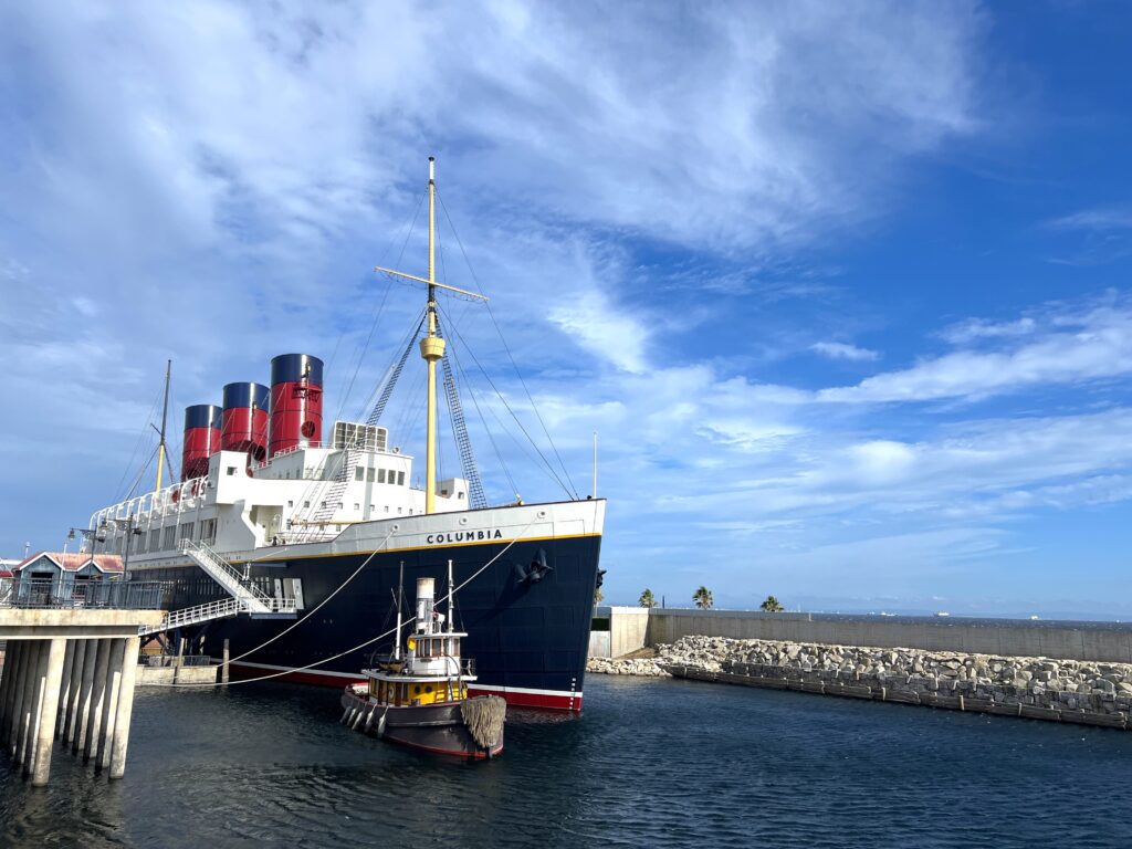  The S.S. Columbia cruise ship docked at Tokyo DisneySea, blue sky and ocean