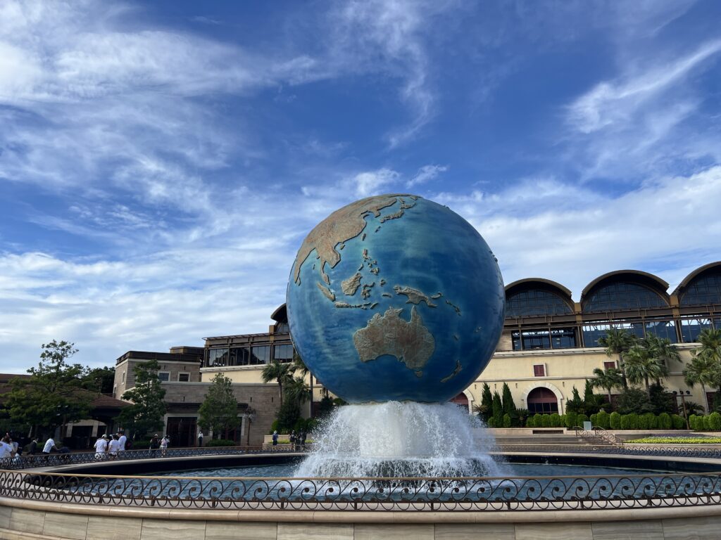  Large globe fountain known as AquaSphere at the entrance of Tokyo DisneySea