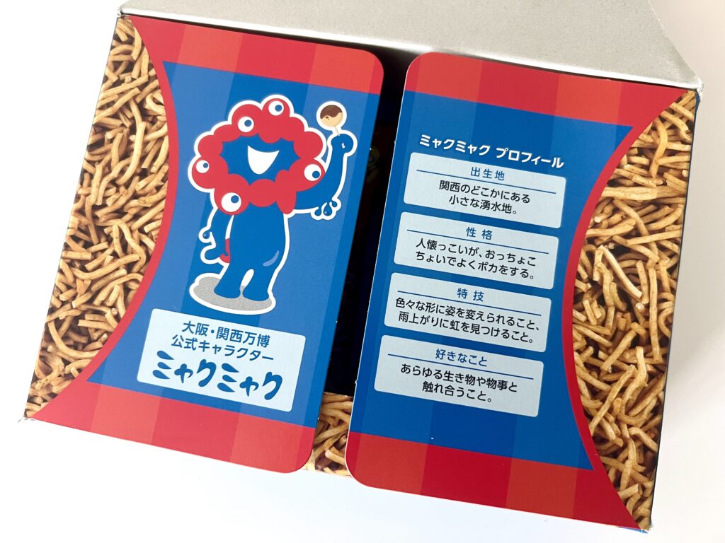 Myaku-Myaku Profile on the side of the Baby Star Ramen Takoyaki Flavor Box – Expo 2025 Official Mascot