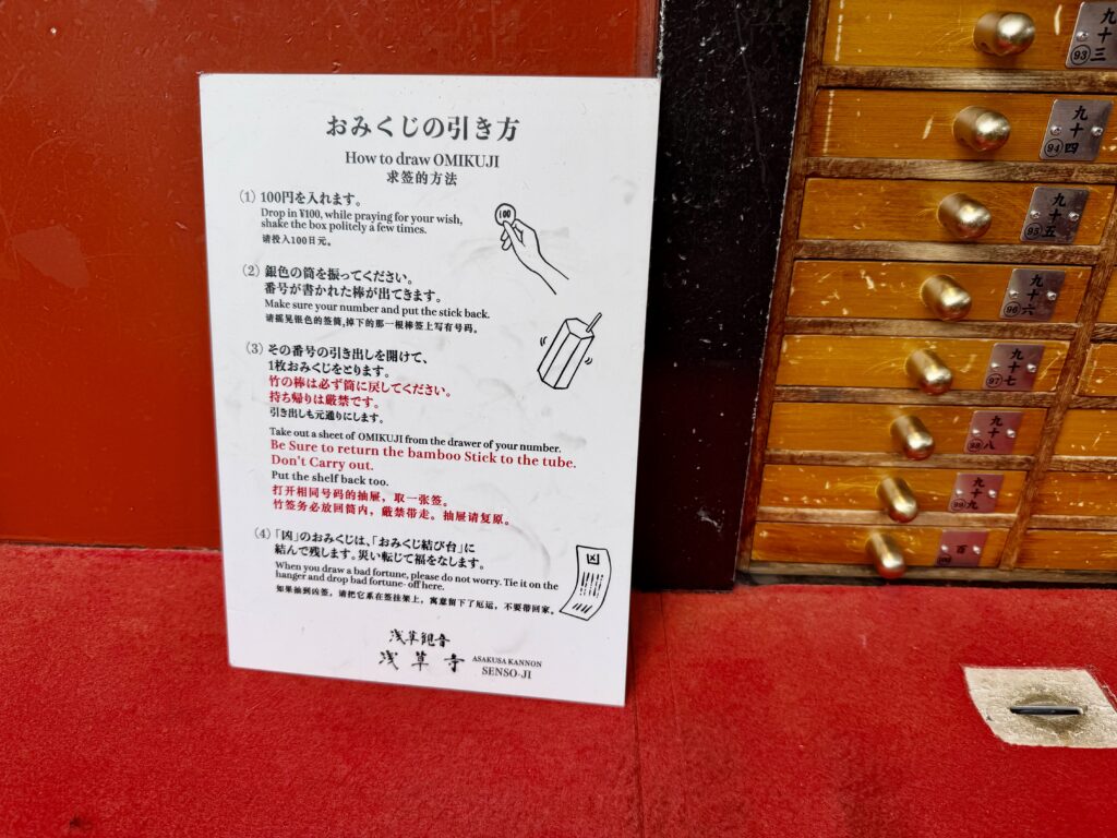 Instruction board explaining how to draw omikuji at Senso-ji Temple in English and Japanese.