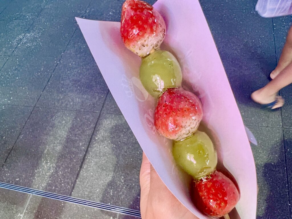 A skewer of strawberry candy from Strawberry Fetish at Universal CityWalk Osaka
