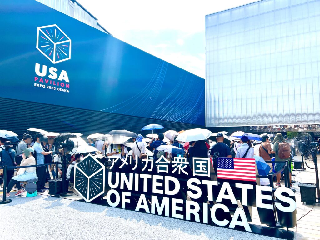 United States Pavilion at Expo 2025 with long queue of visitors