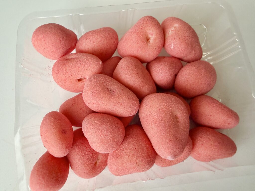 White Berry strawberry chocolates coated with Amaou strawberry powder from Fukuoka