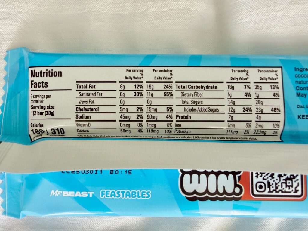 ミスタービースト チョコレート Feastables Milk Crunch 栄養成分表示